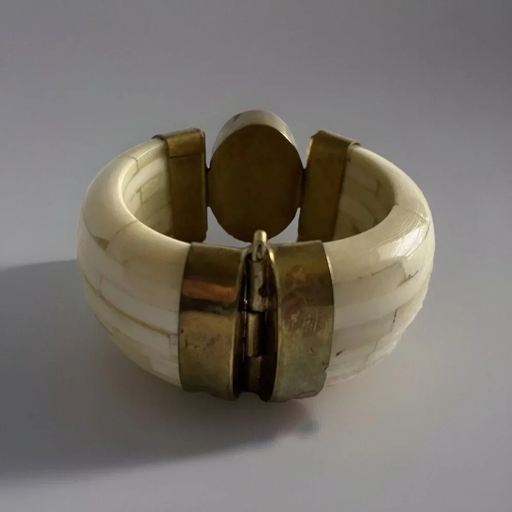 Vintage Bone Brass Agate Bracelet Blue Tribal Bangle Hinge Statement Chunky Boho